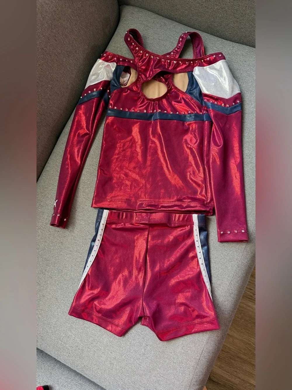 GK Elite OEC Cheerleading Uniform Set Child Large Red Metallic Rhinestone Cheer